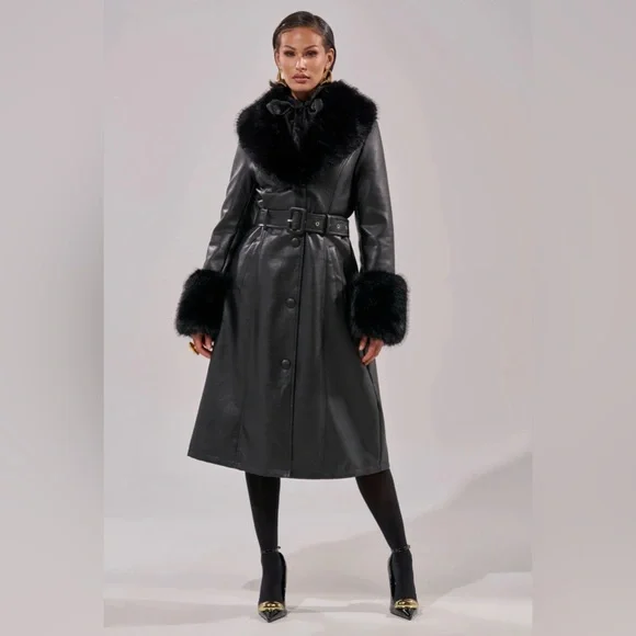 AKIRA Black Faux Leather Coat with Fur Trim NWT size 2x  *SOLDOUT* - Picture 2 of 15